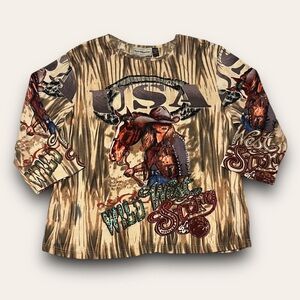 Y2K Cowgirl Graphic Sequin Top Plus Size 2x Western Boho Bit & Bridle
